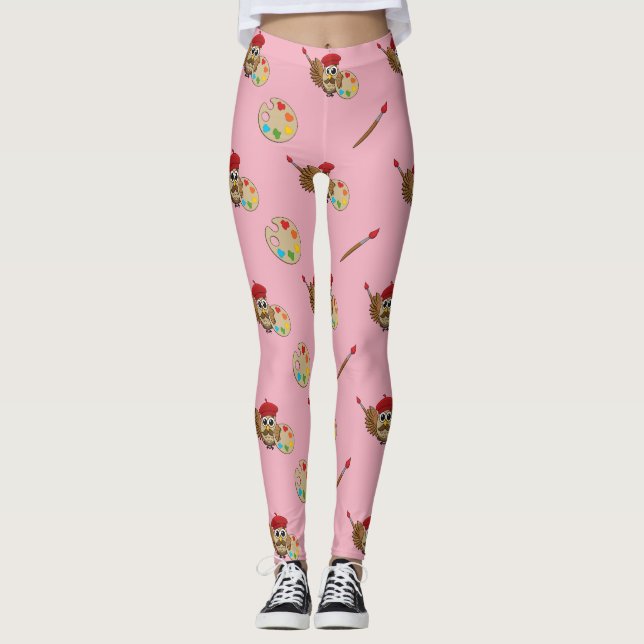 Niedlich Painter Owl Cartoon Leggings (Vorderseite)