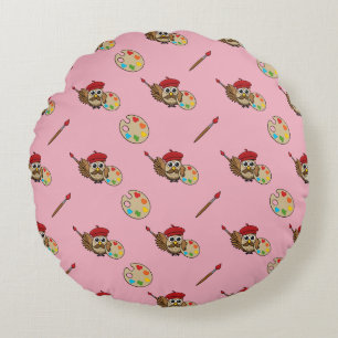 Niedlich Painter Owl Cartoon Rundes Kissen