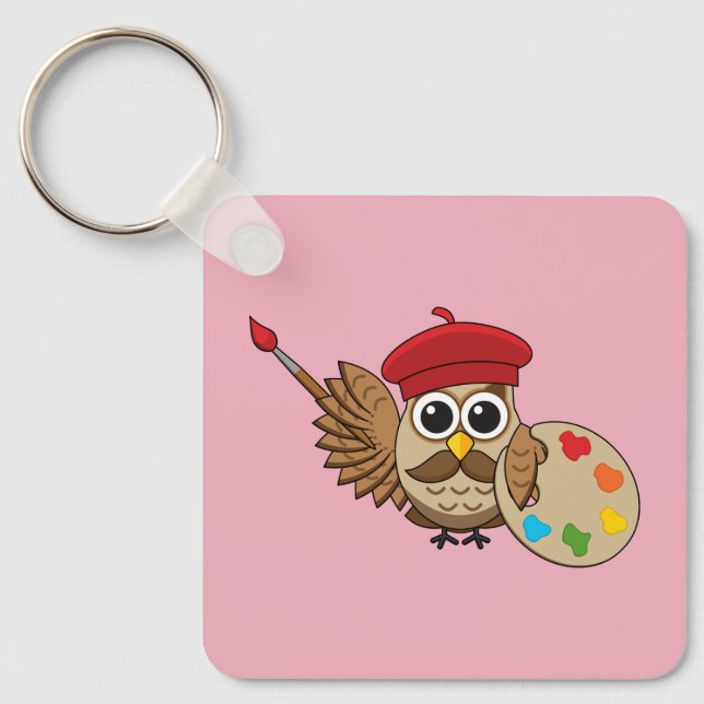 Niedlich Painter Owl Cartoon Schlüsselanhänger (Vorderseite)