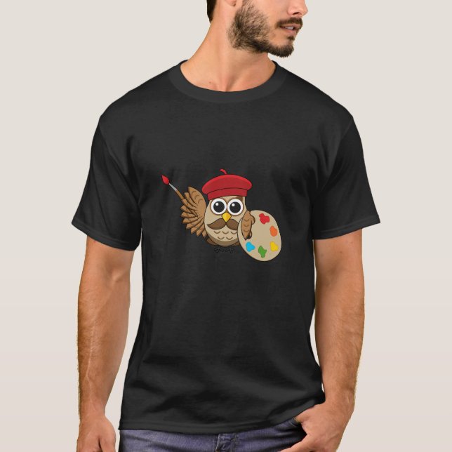 Niedlich Painter Owl Cartoon T-Shirt (Vorderseite)
