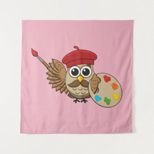 Niedlich Painter Owl Cartoon Wandteppich