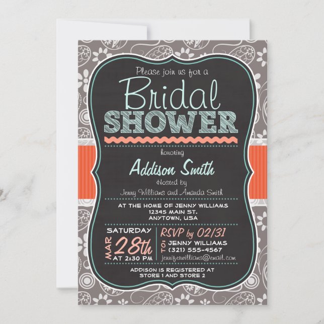 Niedlich Paisley Chalkboard Look Brautparty Einladung (Vorderseite)