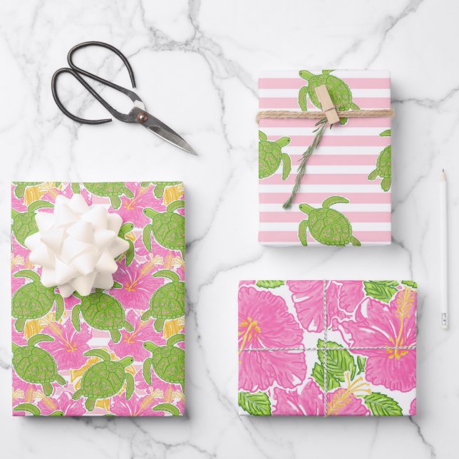 Niedlich Palm Beach Tropical Blume & Turtles Geschenkpapier Set (Vorderseite)