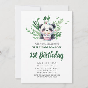 Niedlich Panda Aquarellgrün 1. Geburtstag Einladung