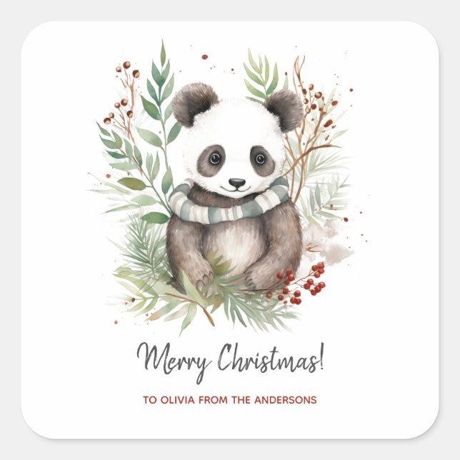 Niedlich Panda Baby Rustikale Weihnachtsbotanicals Quadratischer Aufkleber (Vorderseite)