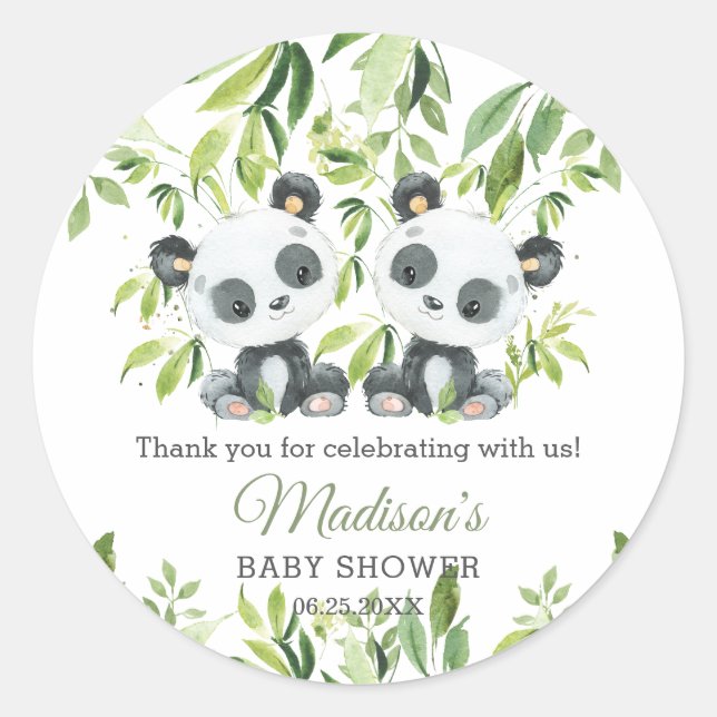 Niedlich Panda Bamboo Greenery Twins Baby Dusche Runder Aufkleber (Vorderseite)