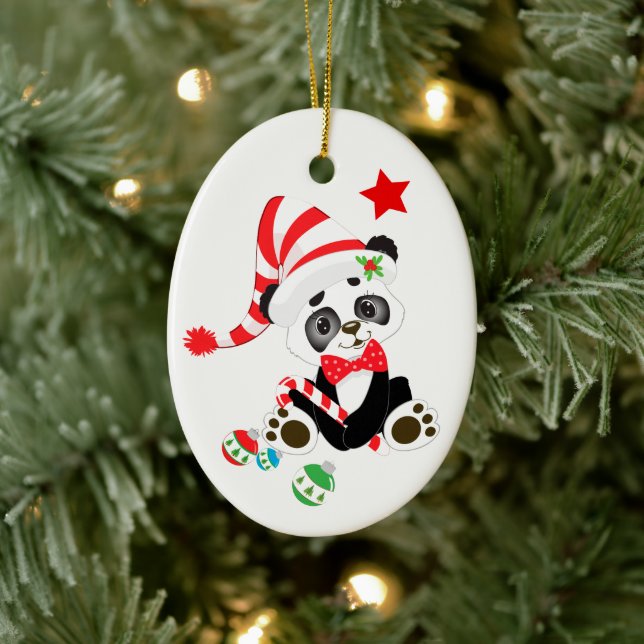 Niedlich Panda Bear Candy Cane Weihnachten Keramikornament (Baum)