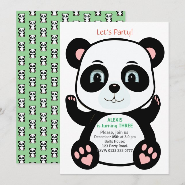 Niedlich Panda Bear Geburtstag Einladung (Vorne/Hinten)
