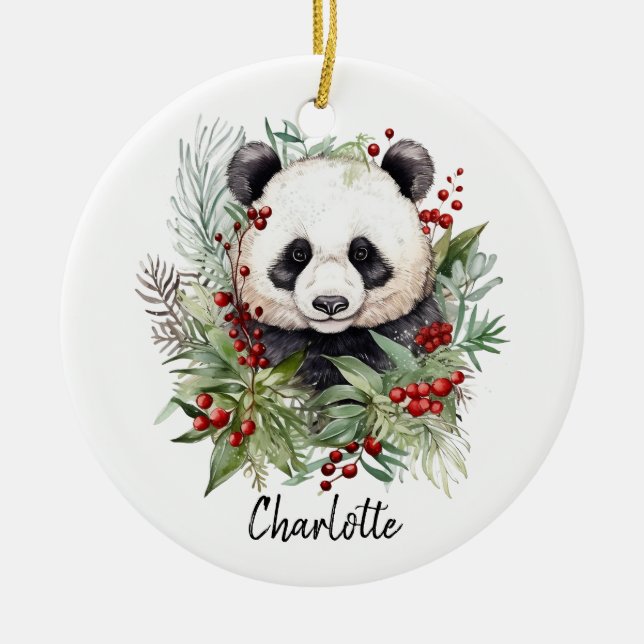Niedlich Panda Frohe Weihnachts-Winterbotanicals Keramik Ornament (Vorne)