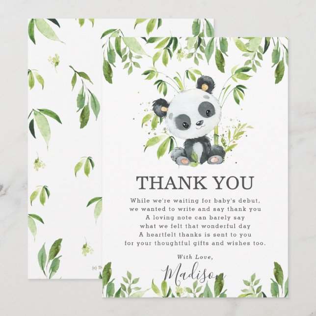Niedlich Panda Greenery Baby Duwer Gender Neutral Dankeskarte (Vorne/Hinten)