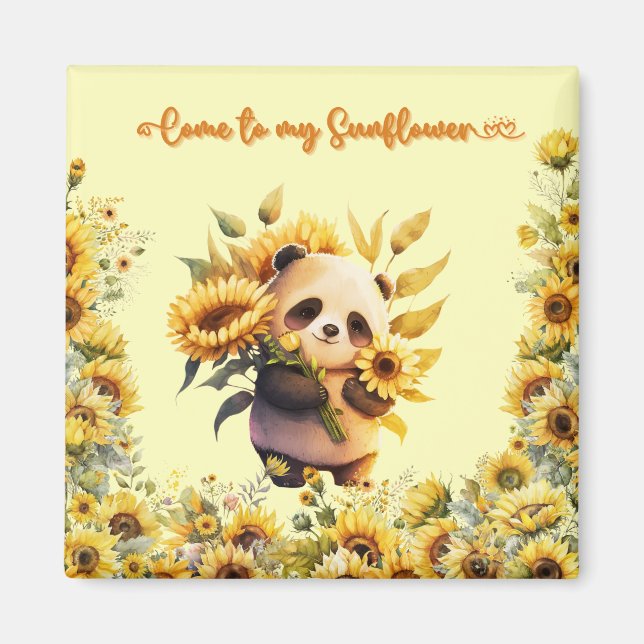 Niedlich Panda Holding Sonnenblumen | Square Magne Magnet (Vorne)