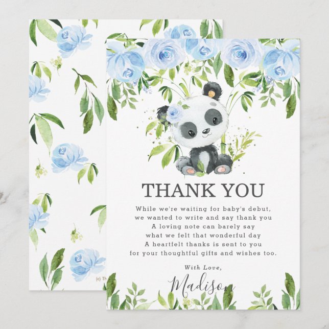 Niedlich Panda Light Blue Floral Greenerity Baby D Dankeskarte (Vorne/Hinten)