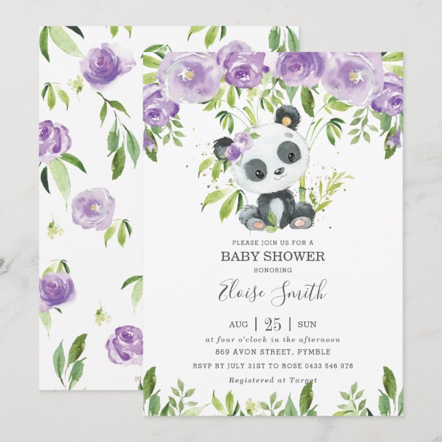 Niedlich Panda Lila Blumengrün Baby Shower Girl Einladung (Vorne/Hinten)