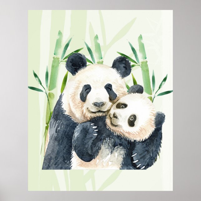 Niedlich Panda Pair & Bamboo Wasserfarbe Poster (Vorne)