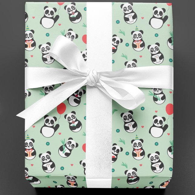 Niedlich Panda Pattern Geburtstag | Grün Geschenkpapier (Von Creator hochgeladen)