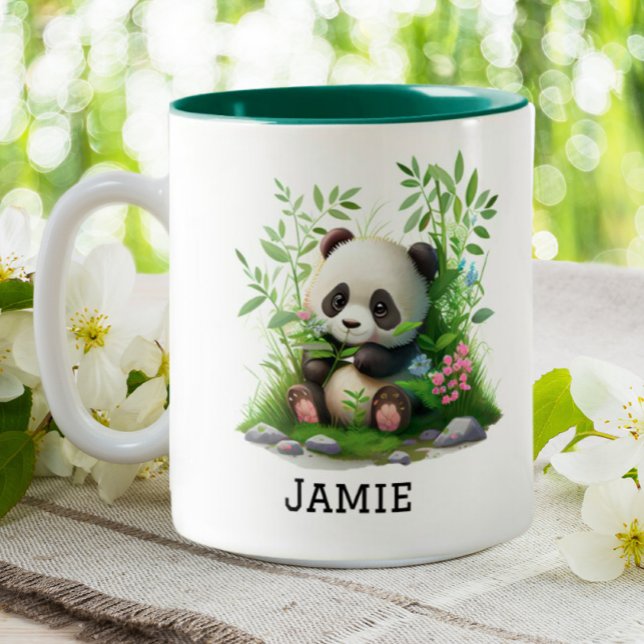 Niedlich Panda Personalisiert Floral Bamboo Zweifarbige Tasse (Von Creator hochgeladen)