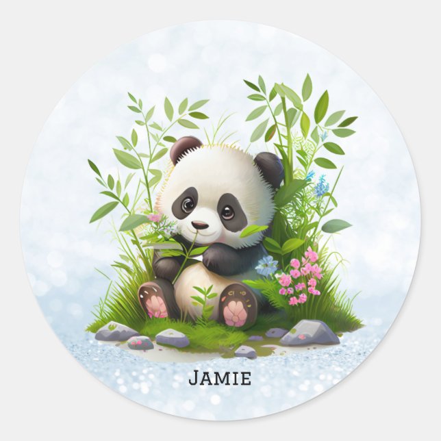 Niedlich Panda Personalisiert Pink Floral Bamboo Runder Aufkleber (Vorderseite)