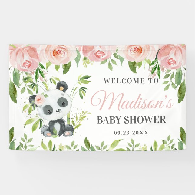 Niedlich Panda Pink Blumengrün Bamboo Hintergrund Banner (Horizontal)