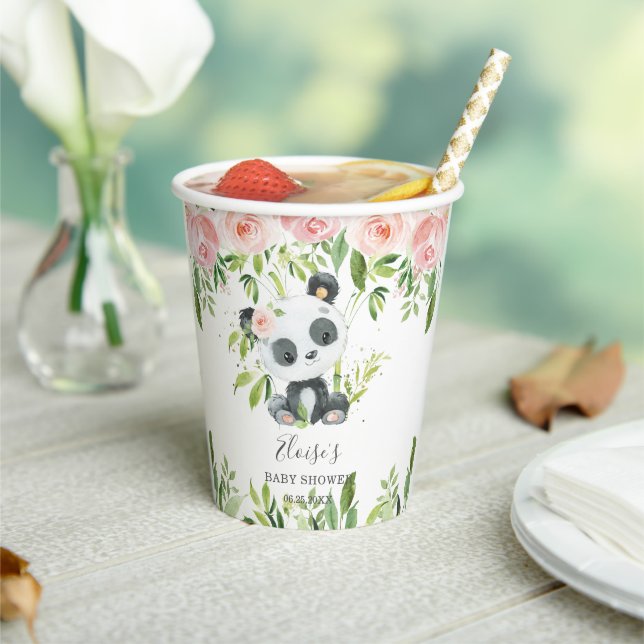 Niedlich Panda Pink Floral Bamboo Babydusche Gebur Pappbecher (In Situ)