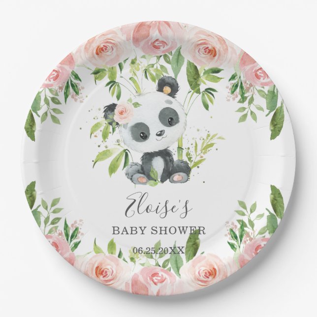 Niedlich Panda Pink Floral Bamboo Babydusche Gebur Pappteller (Vorderseite)
