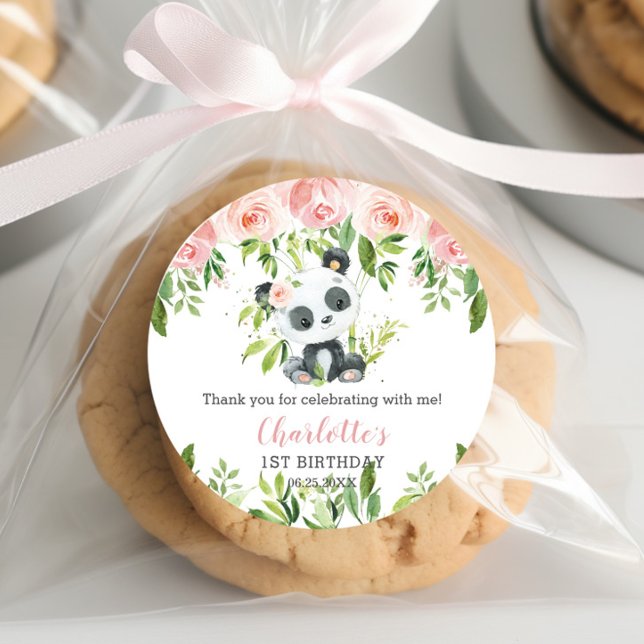 Niedlich Panda Pink Floral Bamboo Babydusche Gebur Runder Aufkleber (Von Creator hochgeladen)