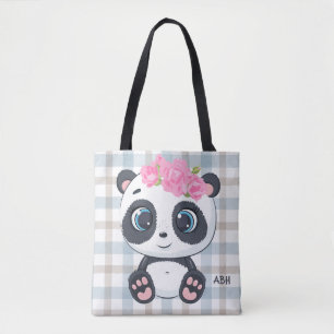 Niedlich Panda Pink Floral Monogram Tasche