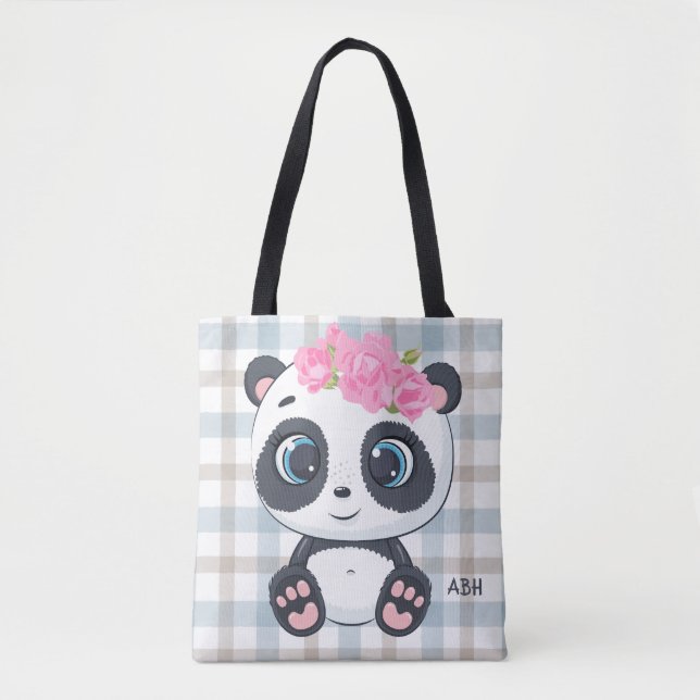 Niedlich Panda Pink Floral Monogram Tasche (Vorderseite)