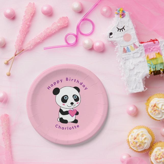 Niedlich Panda Pink Herzens Geburtsdatum Personali Pappteller (Party)