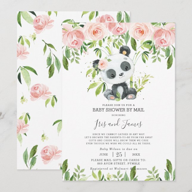 Niedlich Panda Pink Virtual Baby Dusche Panda Pink Einladung (Vorne/Hinten)