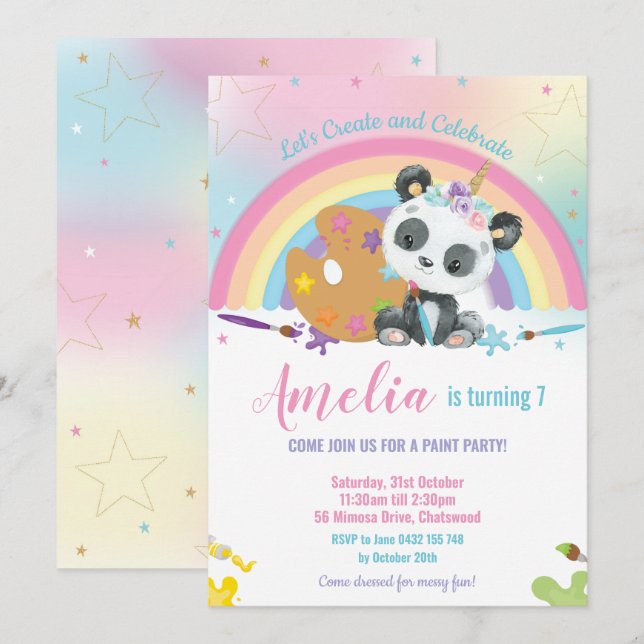 Niedlich Panda Rainbow Art Paint Birthday Party Gi Einladung (Vorne/Hinten)
