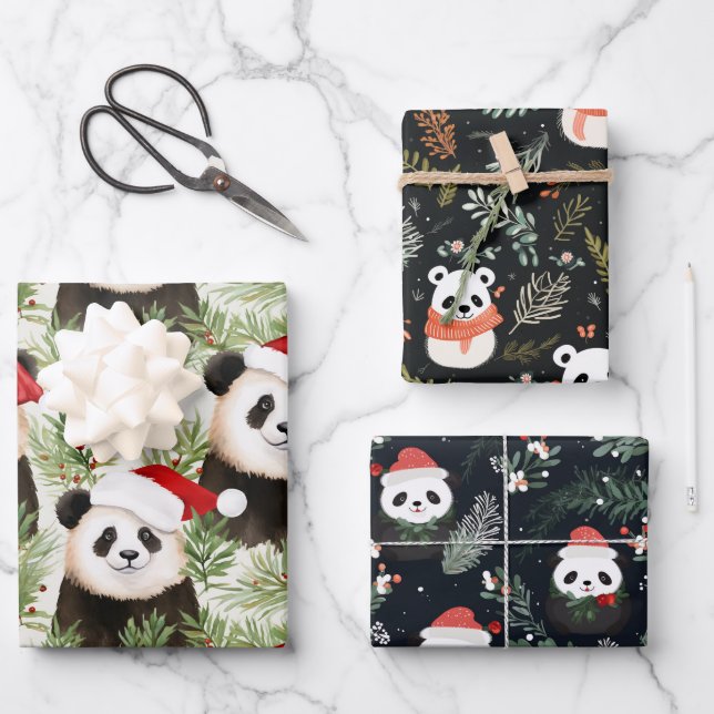 Niedlich Panda Rustikaler Winterurlaub Wasserfarbe Geschenkpapier Set (Vorderseite)