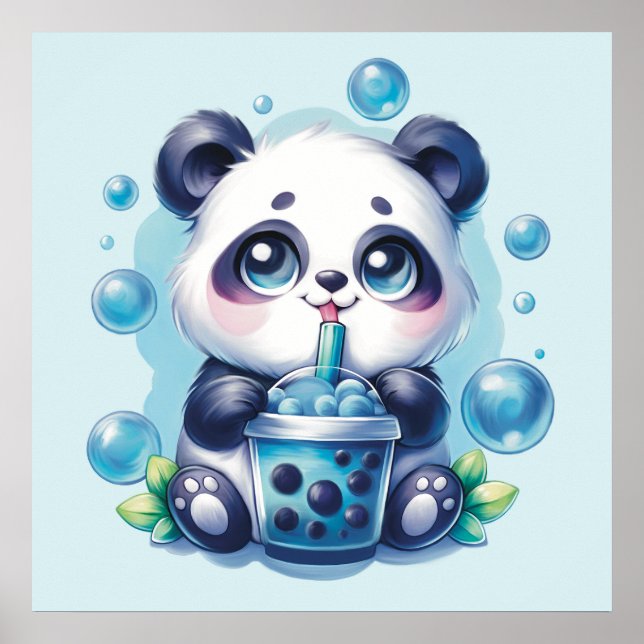 Niedlich Panda und Blue Boba Bubble Tee Poster (Vorne)