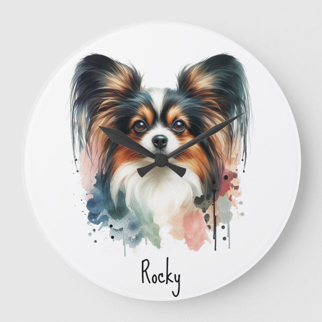 Niedlich Papillon Dog Wasserfarben Art Große Wanduhr (Vorderseite)
