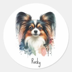 Niedlich Papillon Dog Wasserfarben Art Runder Aufkleber