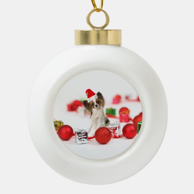Niedlich Papillon Dog Weihnachtsmannmütze Keramik Kugel-Ornament (Vorderseite)