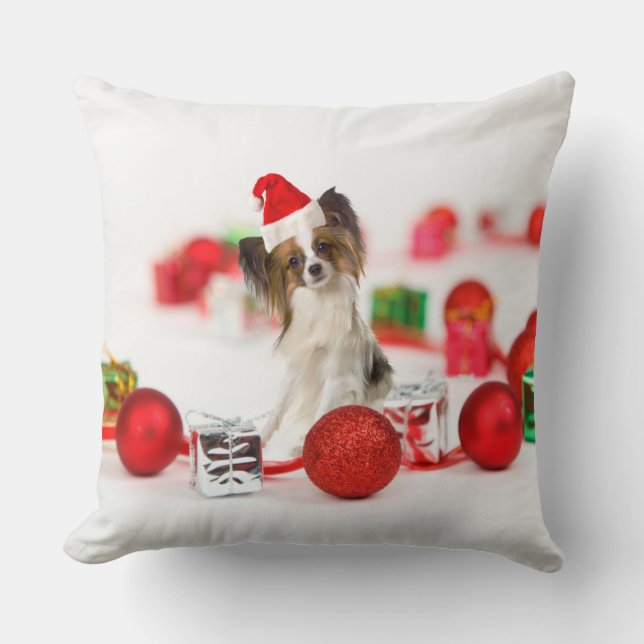 Niedlich Papillon Dog Weihnachtsmannmütze Kissen (Vorderseite)