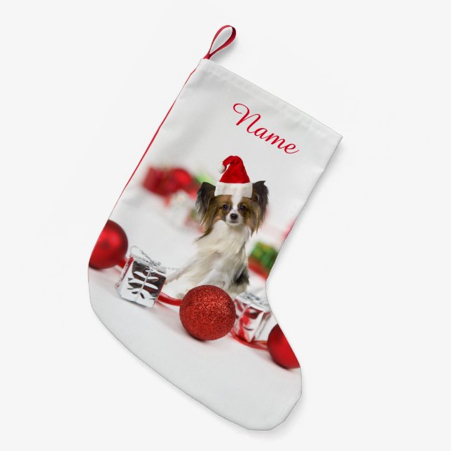 Niedlich Papillon Dog Weihnachtsmannmütze Kleiner Weihnachtsstrumpf (Vorderansicht (hängend))