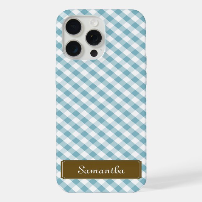Niedlich Pastel Blue Gingham Pattern iPhone 15 Pro Max Hülle (Rückseite)