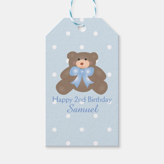 Niedlich Pastel Blue Ribbon Teddy Bären Boy Geburt Geschenkanhänger (Vorderseite)