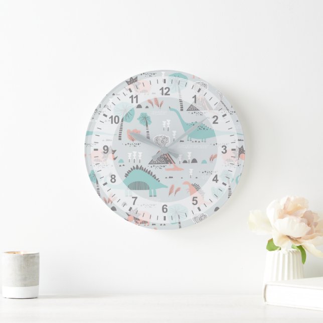 Niedlich Pastel Dinosaur Muster Große Wanduhr (Zuhause)