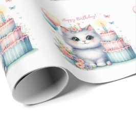 Niedlich Pastel Kitten Geburtstagskuchen - Geburts Geschenkpapier