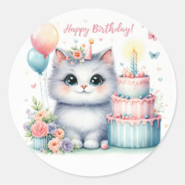 Niedlich Pastel Kitten Geburtstagskuchen - Geburts Runder Aufkleber