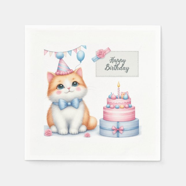 Niedlich Pastel Kitten Geburtstagskuchen - Geburts Serviette (Vorderseite)