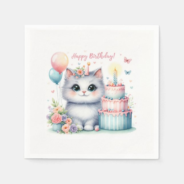 Niedlich Pastel Kitten Geburtstagskuchen - Geburts Serviette (Vorderseite)