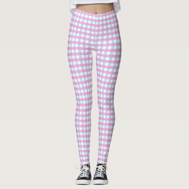 Niedlich Pastel Pink Blue Gingham Karo Leggings (Vorderseite)