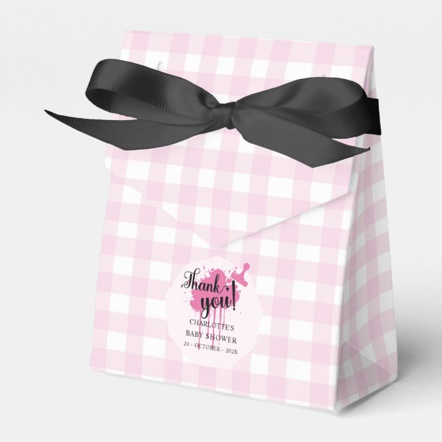 Niedlich Pastel Pink Gingham Baby Dusche Geschenkschachtel (Vorderseite)
