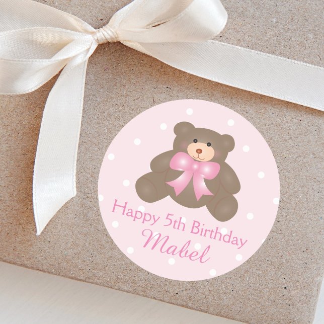 Niedlich Pastel Pink Ribbon Teddy Bär Girl Geburts Runder Aufkleber (Von Creator hochgeladen)