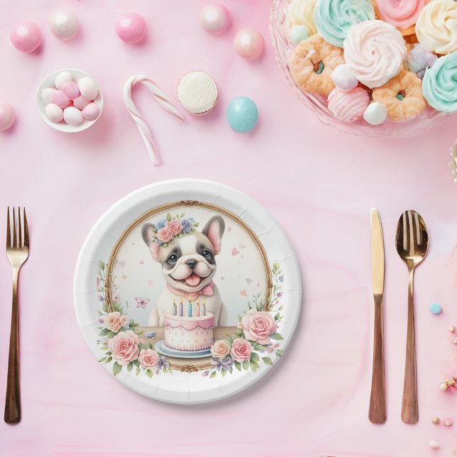Niedlich Pastel Puppy French Bulldog - Geburtstag Pappteller (Von Creator hochgeladen)