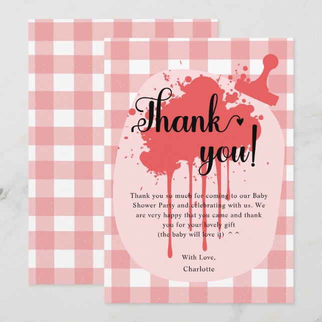 Niedlich Pastel Red Gingham Baby Dusche Dankeskarte (Vorne/Hinten)