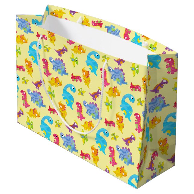 Niedlich Pastel Yellow Unisex Baby Dinosaur Geburt Große Geschenktüte (Rückseite Schrägansicht)